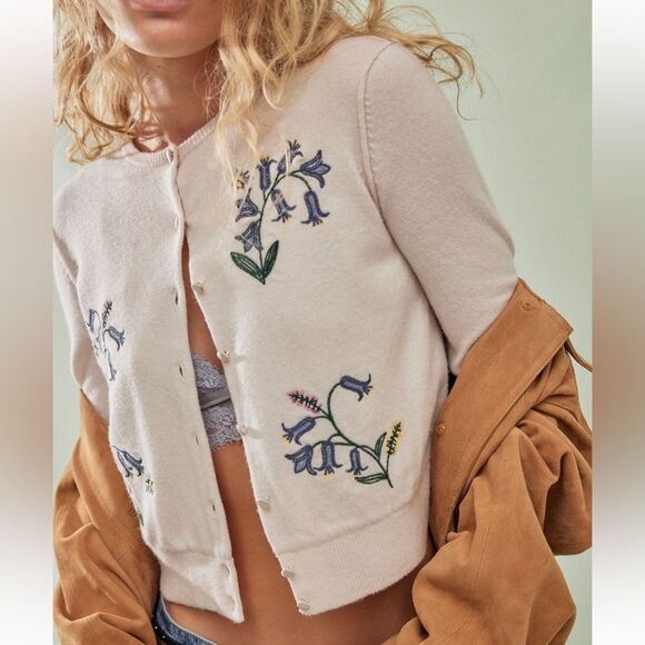 Free People All Mine Silk Lined Embroidered Cardi Pastel Peach Combo NWOT - Picture 1 of 11